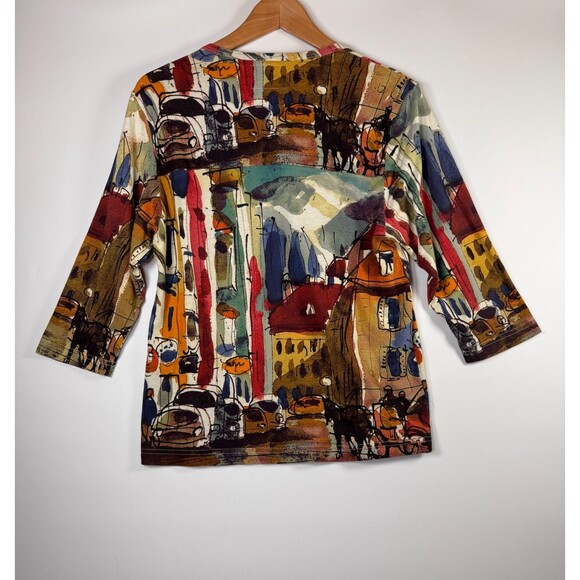 Vintage Michael Lau Top Womens Small Cotton Art Print City Scene Made in USA - Picture 3 of 11